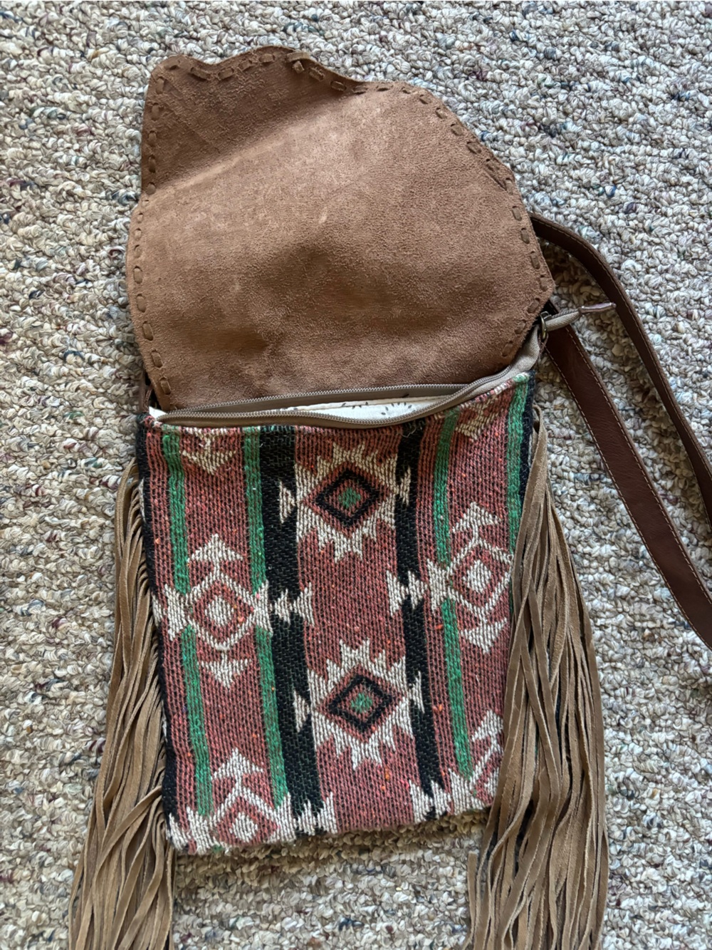 Myra Bag Brown Leather Fringe Crossbody with Aztec Textile - Picture 3 of 9